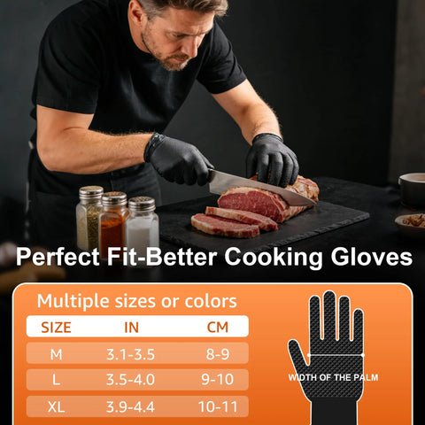 UYKKE 10mil black nitrile gloves worn by a person slicing beef on a slate board; orange size-chart banner below.