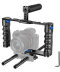 Aluminum Camera Cage Filmmaking Rig With Top Handle And Dual Grips Arca Type Base shown with camera, two rods, and Allen key
