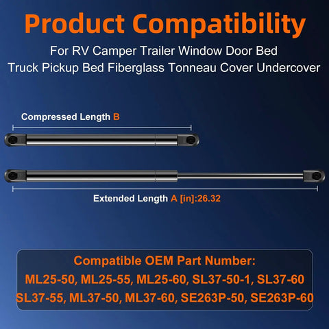 Heavy Duty 26 Inch Gas Struts With 55 Lb Force Badass Pneumatic Lift Supports For Truck Bed Tonneau Cover dimensions and compatibility info