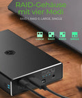 Dual Bay 2.5 Inch Sata Enclosure With Usb C Type Port For Ssd And Hard Drives, Blazing Fast 10Gbps Data Sync, Heavy Duty Aluminum Chassis In Sleek Black, Dead Simple Plug And Play Setup showing rear panel with RAID modes and USB connection.