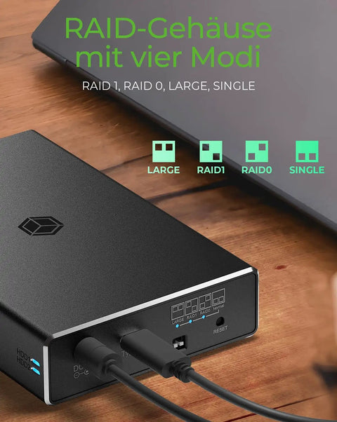 Dual Bay 2.5 Inch Sata Enclosure With Usb C Type Port For Ssd And Hard Drives, Blazing Fast 10Gbps Data Sync, Heavy Duty Aluminum Chassis In Sleek Black, Dead Simple Plug And Play Setup showing rear panel with RAID modes and USB connection.