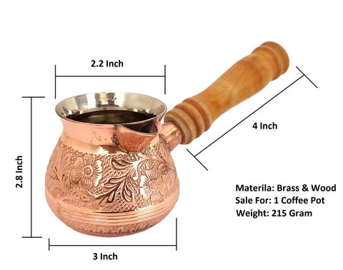 Turkish Greek Arabic Floral Brass Tone Stovetop Coffee Pot Cezve Ibrik Briki With Wooden Handle Handcrafted 180 Ml 6 Oz Vintage Vibe