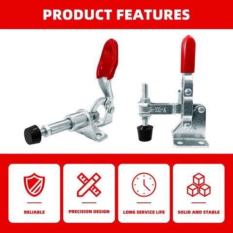 Eight Piece Toggle Clamp Set With Hold Down And Push Pull Quick Release Clamps For Woodworking, heavy duty carbon steel clamps with red handles