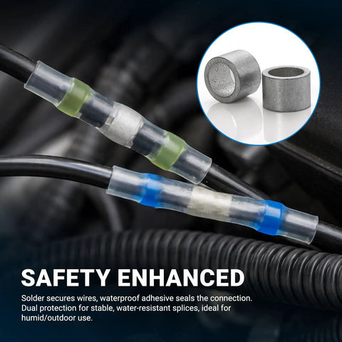 All In One 485 Piece Solder Seal Wire Connector Kit with 300W Heat Gun showing soldered connection with waterproof seal