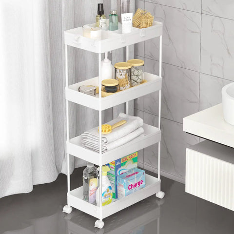 Four Tier Rolling Cart On Wheels With Three Hanging Baskets Easy Assembly Craft Art Trolley Organizer in bathroom