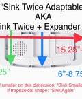 Water Saving Toilet Tank Sink System With Expansion Kit dimensions for adaptable fit, showing length and width measurements.