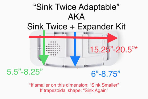 Water Saving Toilet Tank Sink System With Expansion Kit dimensions for adaptable fit, showing length and width measurements.