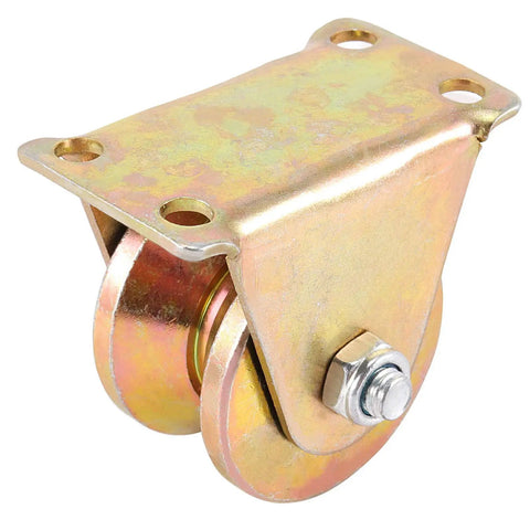4 Pack 2 Inch V Groove Wheel With Bracket Heavy Duty Sliding Gate Wheel For Barn Doors Industrial Carts And Wire Rope Rail Supports Up To 2500 Lbs Total Load Capacity, close-up of one wheel and bracket