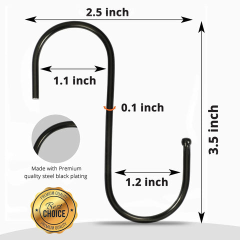 30 Pack Heavy Duty Black S Hooks 3.5 Inch Large S Shaped Metal Hanging Hooks For Kitchen Utensils Pots Pans Towels Bags Jeans Plants And More Carbon Steel Durable Organization Gear with dimensions shown