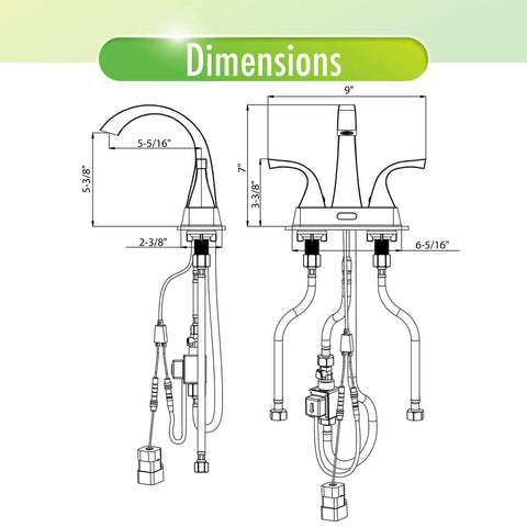 Dimensions diagram for Touchless Two Handle 4 Inch Centerset Brushed Nickel Bathroom Faucet With Motion Sensor No Touch Operation 1.2 GPM