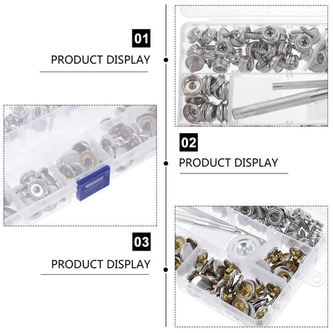 Real Deal Canvas Tarp Snap Kit Featuring Rust Resistant Marine Fasteners, showing assorted steel and brass screw snaps in a clear organizer.