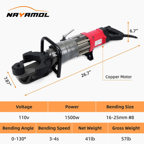 Heavy Duty 1500W Electric Rebar Bender Fits 16 To 25mm Steel Rod Up To 1 Inch, showcasing portable hydraulic bending machine with copper motor.