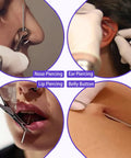 Complete Piercing Kit With 25 Needle Pack From 12G To 20G, Dual Clamps, 6 Pairs Disposable Gloves, 10 Pads And Positioning Marker Pen For Safe Pro Grade Piercing Sessions For Pros And DIYers. Nose, ear, lip and belly button piercing examples.