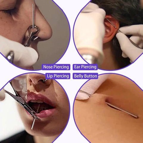 Complete Piercing Kit With 25 Needle Pack From 12G To 20G, Dual Clamps, 6 Pairs Disposable Gloves, 10 Pads And Positioning Marker Pen For Safe Pro Grade Piercing Sessions For Pros And DIYers. Nose, ear, lip and belly button piercing examples.