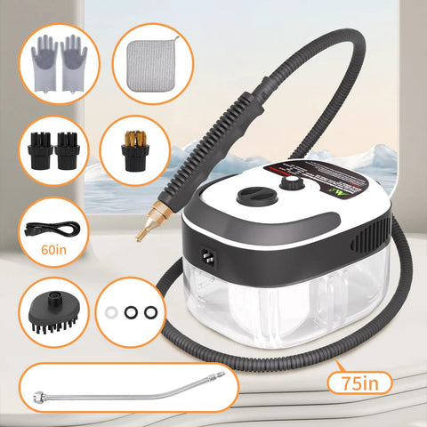Badass 2500W Handheld Steam Cleaner Portable High Pressure Steam Washer with accessories including hose, brushes, and gloves.
