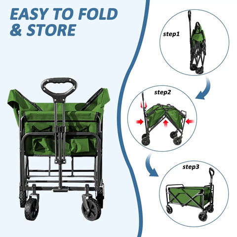 Collapsible Utility Cart Folding Wagon With 320 Lbs Capacity showcasing folding steps and green lightweight design
