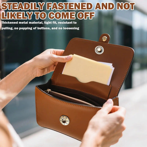 Close-up of a brown clutch with Leather Button Snap Kit 100 Sets 12.5mm fixing tools, showing secure snap button closure.