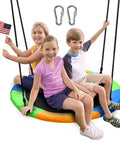 Three kids on 40 Inch Saucer Tree Swing With Large Rope Swing Seat And Platform For Kids And Friends Outdoor Backyard Swing Set Includes Bonus Carabiner For Easy Hanging