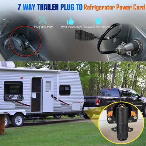 Heavy Duty 7 Pin Trailer Plug To DC 12V Power Cord Cable For Car Fridge Freezer, showing 7-way trailer plug and trailer.