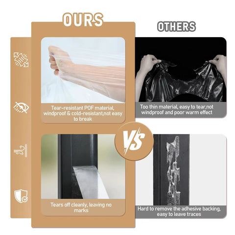 Comparison showing Easy DIY Window Insulation Kit For Winter With Plastic Shrink Film And Strong Tape next to competitor's product.