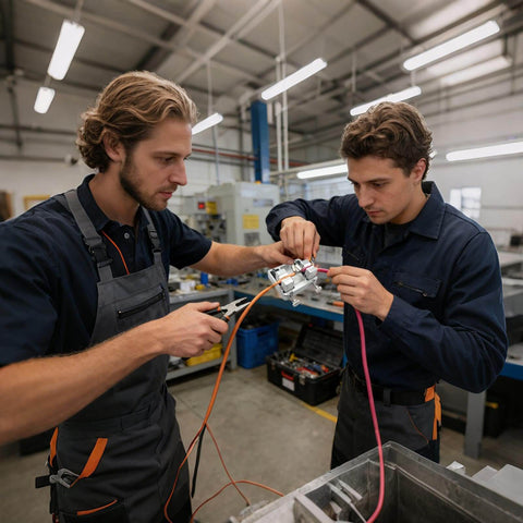 Two technicians assembling electronics with tools in a workshop setting, focused on precise wiring and component adjustments.