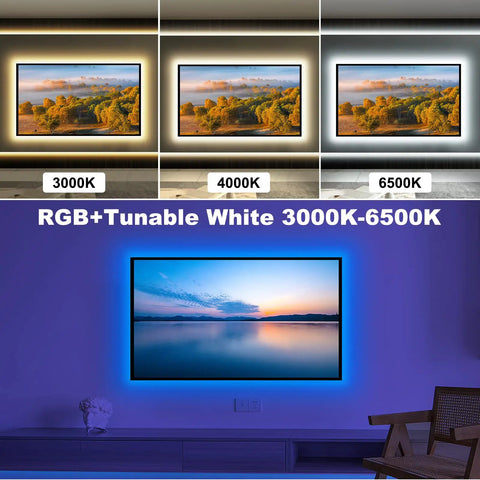 60 To 65 Inch TV Backlight Kit With App Control RGBWW LED Strips showcasing RGB+Tunable White 3000K-6500K for eye comfort