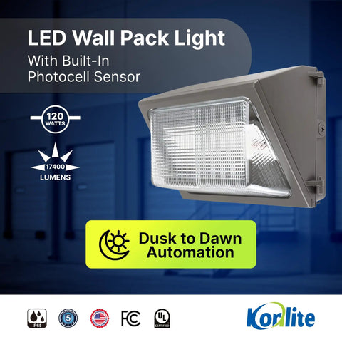 120W Outdoor LED Wall Pack Light With Photocell, IP65, ETL Listed, Dusk to Dawn, 17,400 Lumens on building facade