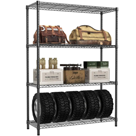 Beefy 1400 Lbs Garage Shelving Unit With 4 Tier Heavy Duty Metal Wire Racks, storing tires and boxes in garage setup