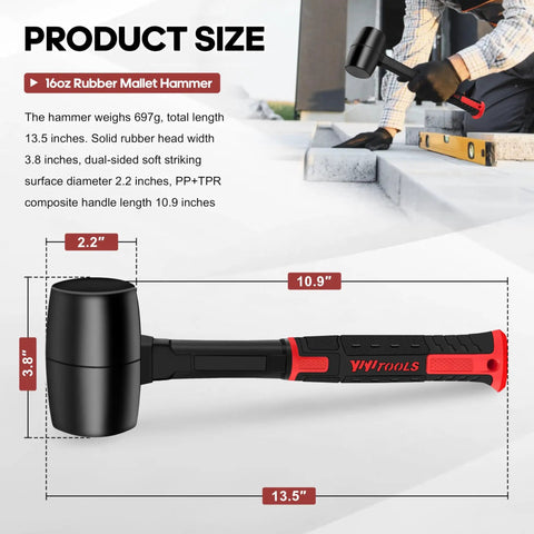 16oz Rubber Mallet Hammer with double faced soft head and fiberglass handle ergonomic grip for flooring and woodworking