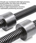 T20 Trapezoidal Lead Screw 20mm Diameter 4mm Pitch 70mm Length With Matching Nut Rock Solid Black Oxide Steel close-up, showcasing precision threaded design.