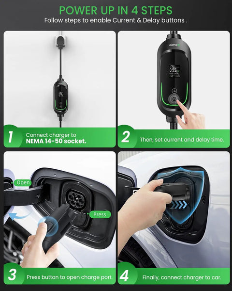 Steps to use Level 2 EV Charger 40 Amp With Adjustable Current And Delay, 240V 9.6kW Portable Home Charging Station with 25Ft Cable.