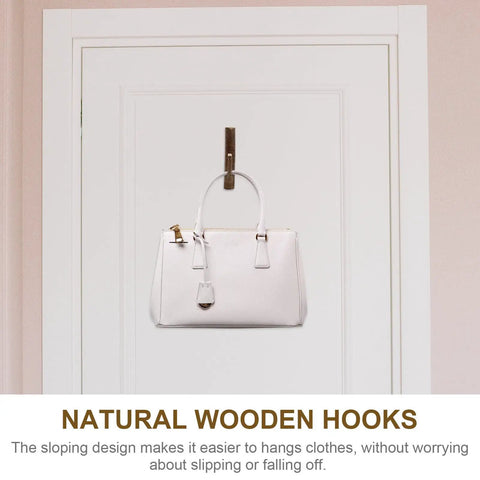 Straight Up Solid Natural Wood Wall Hooks For Bags And Hats Vintage Branch Coat Rack Entryway Storage. White bag hanging on natural wood hook.