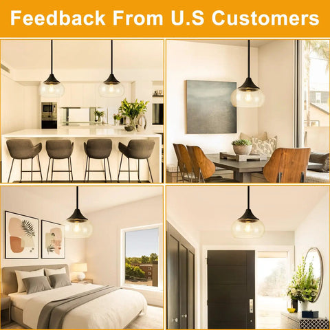Modern Pendant Light Fixture With Clear Glass Shade And Adjustable Drop Wire For Kitchen Island Dining Room Bedroom in various home settings.