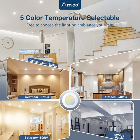 Five rooms showcasing LED disk lights with 24 Pack 5 To 6 Inch LED Disk Lights Dimmable Flush Mount Downlights, various color temperatures.