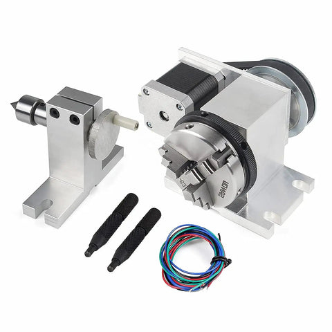 CNC Milling Machine Rotational Axis 4th Axis Kit With 65mm 3 Jaw Chuck And Nema17 Stepper Motor For CNC Engraving 54mm Tailstock 4 To 1 Reduction Belt Delay Mode High Precision Rotary Table For Machining