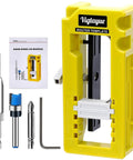 Router Template Hinge Mortiser For 3 To 5 Inch Hinges No Fuss Fit, shows kit with bits, manual, and yellow template for woodworking.