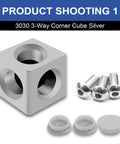 Heavy Duty 3030 T Slot Aluminum Extrusion 3 Way Corner Cube Kit with M6 Fasteners, silver cube connector and screws.