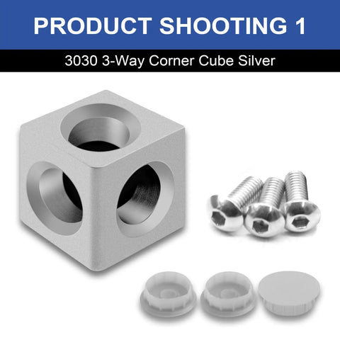 Heavy Duty 3030 T Slot Aluminum Extrusion 3 Way Corner Cube Kit with M6 Fasteners, silver cube connector and screws.