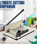 Heavy Duty 12 Inch Guillotine Paper Cutter for A4 Papers up to 400 Sheets with Metal Base Trimmer in an office setting