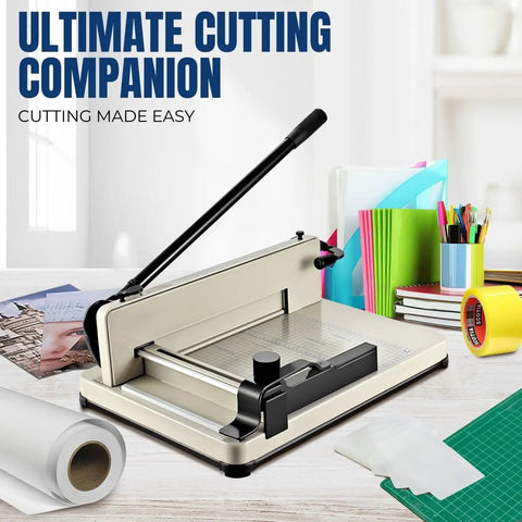 Heavy Duty 12 Inch Guillotine Paper Cutter for A4 Papers up to 400 Sheets with Metal Base Trimmer in an office setting
