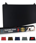 Stove Top Protector Cover for Electric Cooktops and Laundry Area, black foldable, with packaging and color options in view.