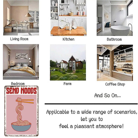 Room collage with 'Ramen Themed Vintage Metal Sign With Send Noods Bowl Illustration Tin Wall Art 8 By 12 Inches' at the bottom