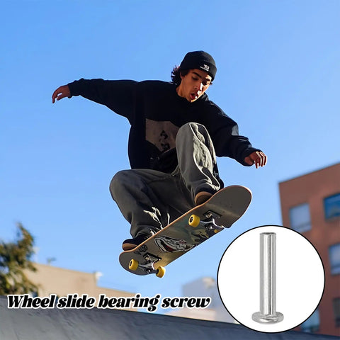 Skateboarder jumping with inset showing axle from 8 Piece Inline Skate Wheel Axle Replacement Kit with 6mm Hex Socket Screws