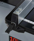 Close-up of the table adjustment lever on the Powerful 4.2 Amp 10-Inch Benchtop Band Saw, heavy duty steel frame visible.