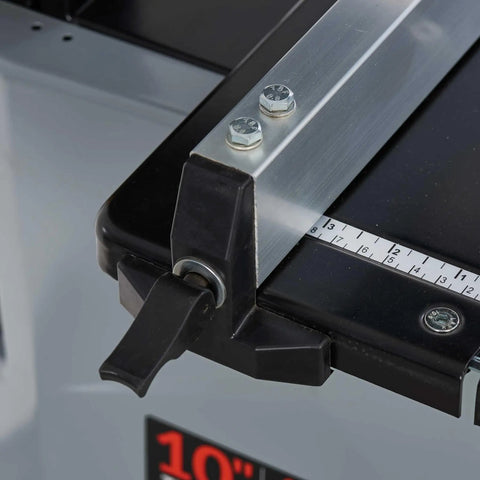 Close-up of the table adjustment lever on the Powerful 4.2 Amp 10-Inch Benchtop Band Saw, heavy duty steel frame visible.