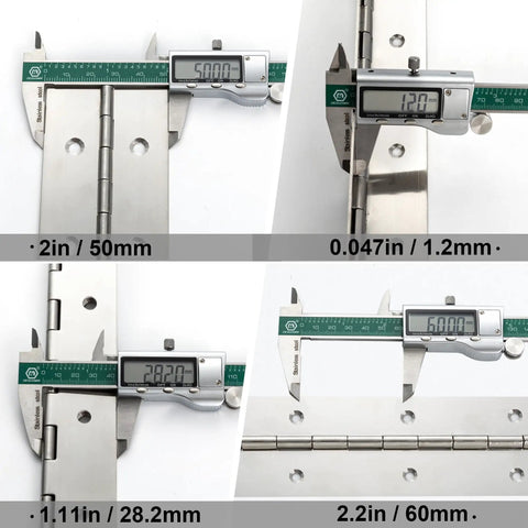 Heavy Duty Piano Hinge 30 Inch By 2 Inch Width 304 Stainless Steel Continuous Gate Hinge measurements displayed on caliper.