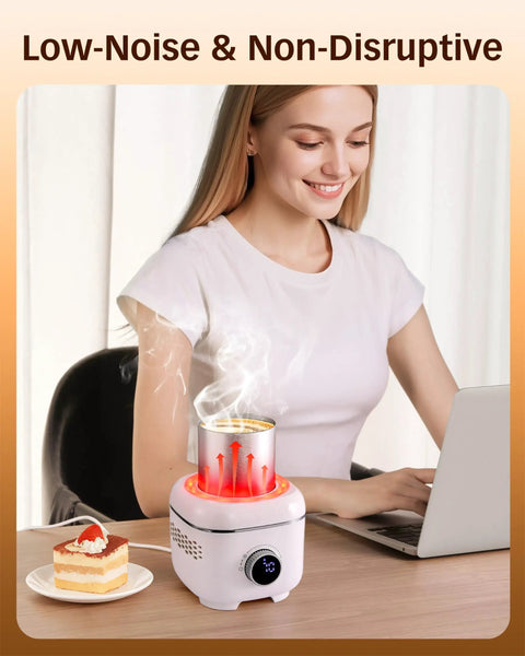 Keep Your Daily Brew Straight Fire Hot Or Perfectly Chilled With This 2 In 1 Electric Mug Warmer And Cooler Stand at a desk with coffee.