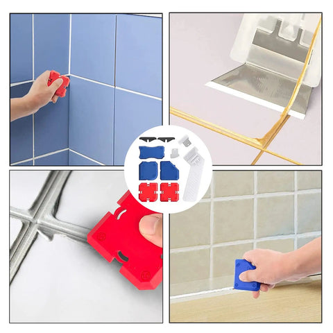 11 Piece Caulking Tool Kit With Sealant Finishing Tools in use on tile joints, showcasing precise silicone caulking with guides and tools.