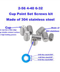 Straight Up Solid 304 Stainless Steel Cup Point Hex Set Screw Assortment Featuring 240 Pieces Across Twelve Standard Inch Threads showing sizes 2-56, 4-40, and 6-32.