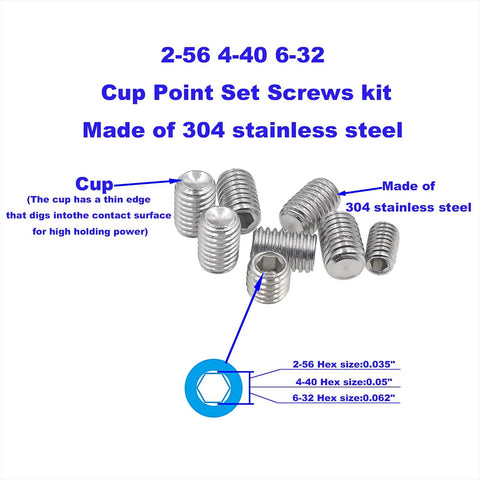 Straight Up Solid 304 Stainless Steel Cup Point Hex Set Screw Assortment Featuring 240 Pieces Across Twelve Standard Inch Threads showing sizes 2-56, 4-40, and 6-32.
